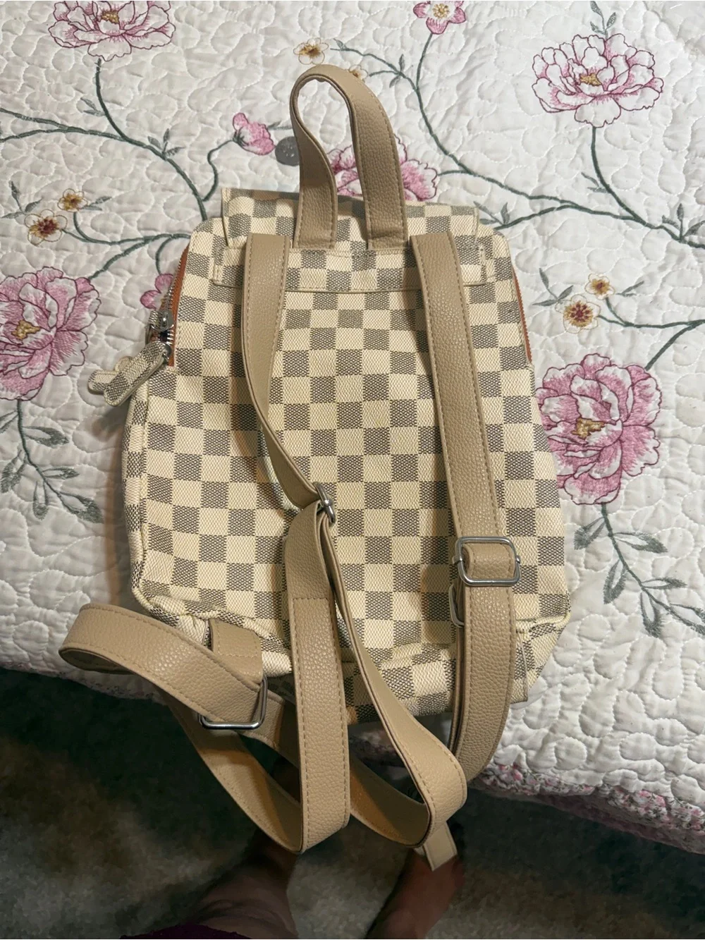 Designer inspired Cream & Beige Checkered Backpack Tan Straps Orange Zipper